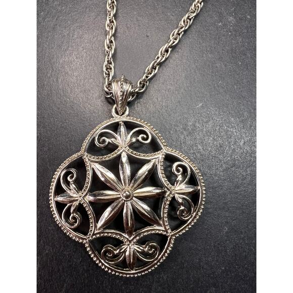 Vintage 1928 Silver Tone Filigree Medallion Rope Chain Necklace 28” - Picture 8 of 12